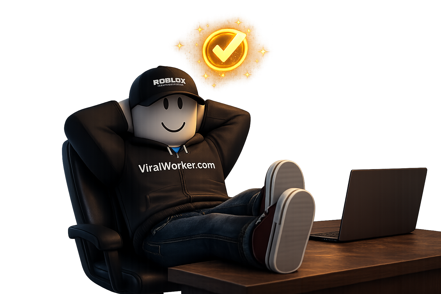 A relaxed Roblox character leaning back in a chair with feet up, a glowing checkmark above its head