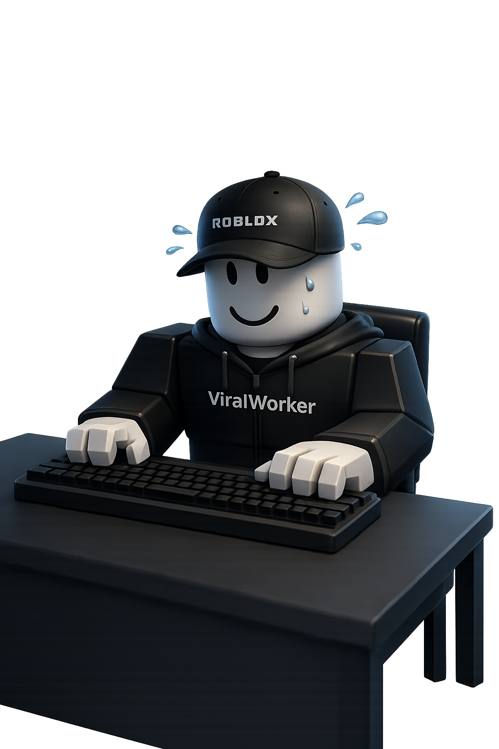 A stressed Roblox character typing frantically at a keyboard, surrounded by error warnings